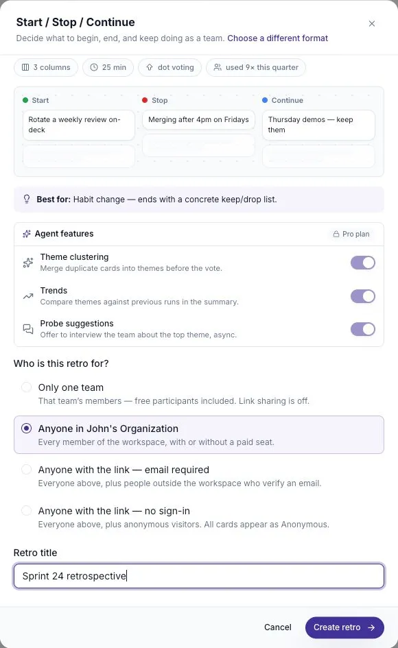 The Start / Stop / Continue creation panel with a title and joining options