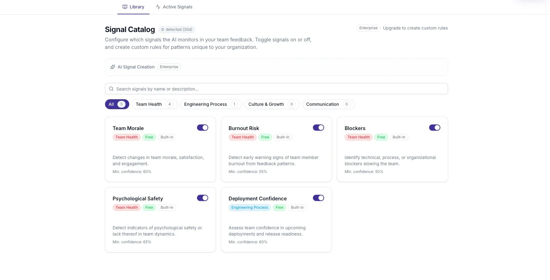 The Signal Catalog with search, categories, and built-in rule controls.