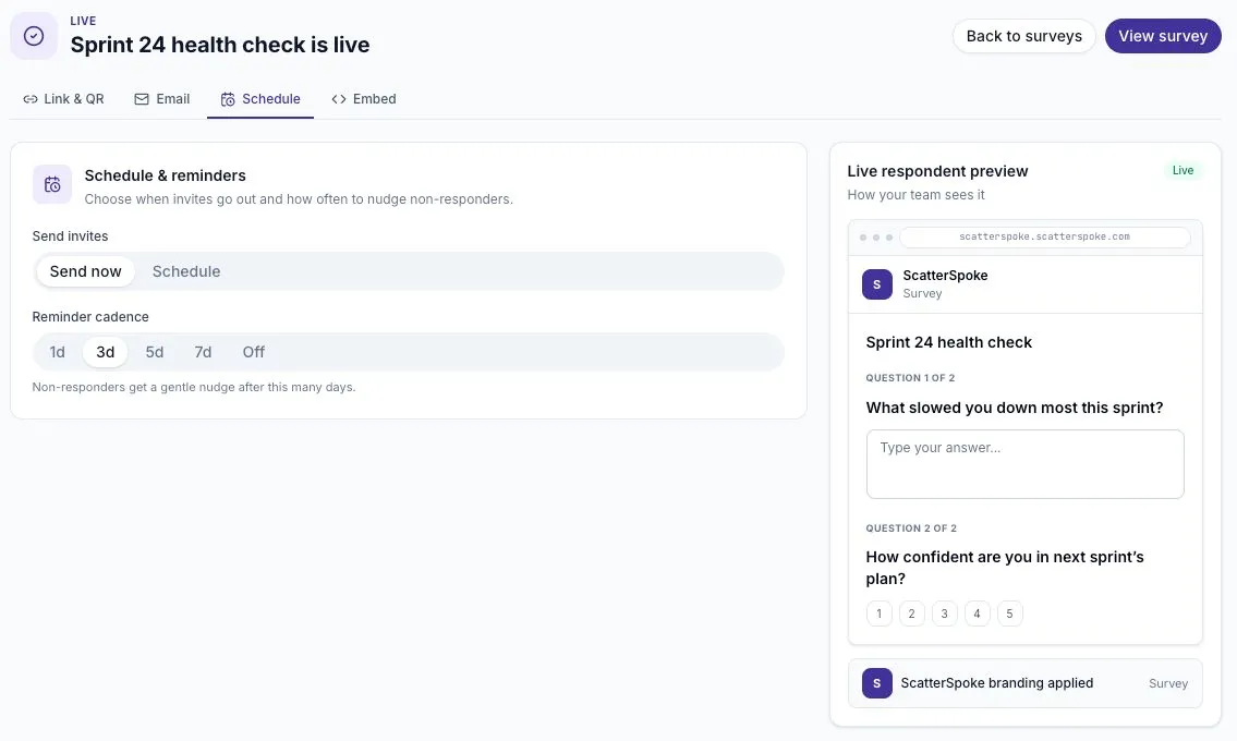 The survey Schedule tab with timing and recurrence controls.